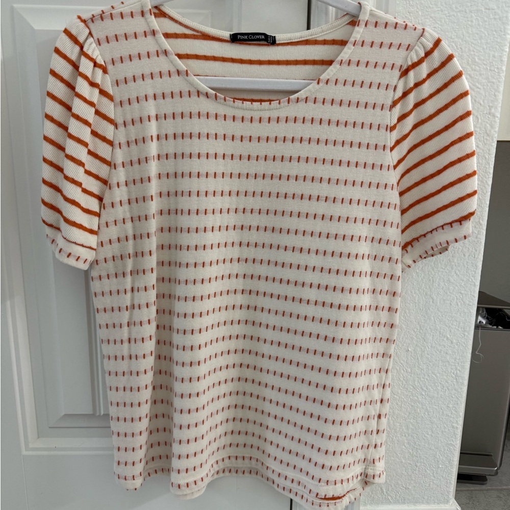 Pink Clover Women's Short Sleeve Top - Orange and White Stripes